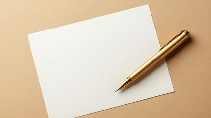Photo of a blank white paper with a gold pen on a beige background for writing or creative work concept.