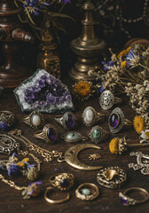 Collection of Vintage Rings, Brass Jewelry, Dried Flowers and Amethyst Geode on Dark Wooden Surface