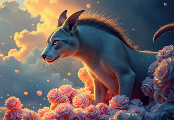Stylized Feline Amidst Roses at Sunset