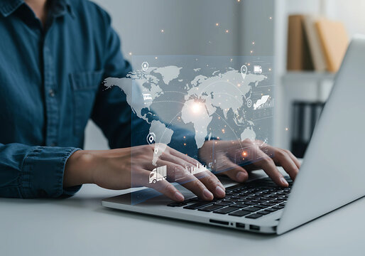 Business analyst managing worldwide operations using digital analytics tools and real time mapping to monitor market trends and drive strategic decision making in global commerce