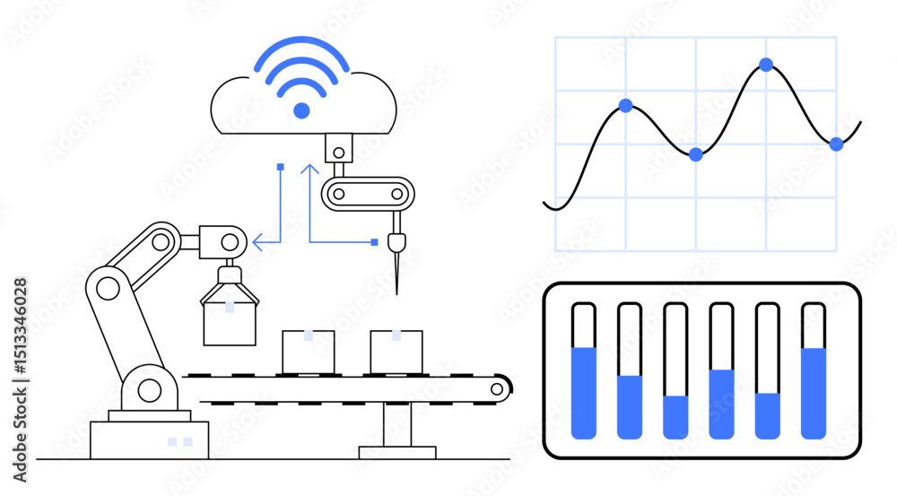 Poster robotic arm assembling products on conveyor connecting to cloud. graphs and analytics represent opti