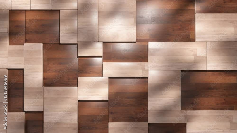 Poster wooden cubes forming abstract wall catching sunlight, generating dynamic shadows dancing across text