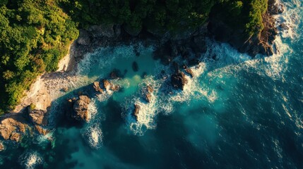 Aerial Ocean Seascape: Crystal Clear Water and Rocky Coastline