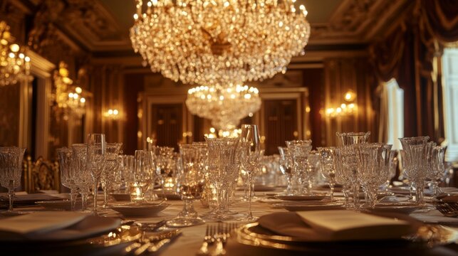 An elegant dining room adorned with a magnificent chandelier. The table is beautifully set with fine china and sparkling crystal glassware. Perfect for luxury events. Generative AI