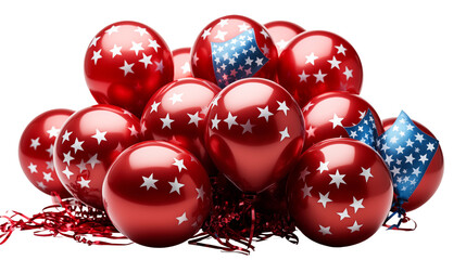 Starred red balloons, patriotic party decor, 4th July celebration, festive background, USA holiday theme, isolated on transparent background.