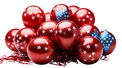 Starred red balloons, patriotic party decor, 4th July celebration, festive background, USA holiday theme, isolated on transparent background.