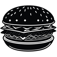 Black and White Double Burger Silhouette Illustration with Sesame Seed Buns and Layered Ingredients on White Background