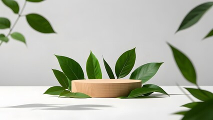 wood podium mockup green leaves and natural lighting