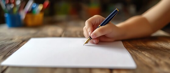 Child's hand writing on a blank paper sheet.
