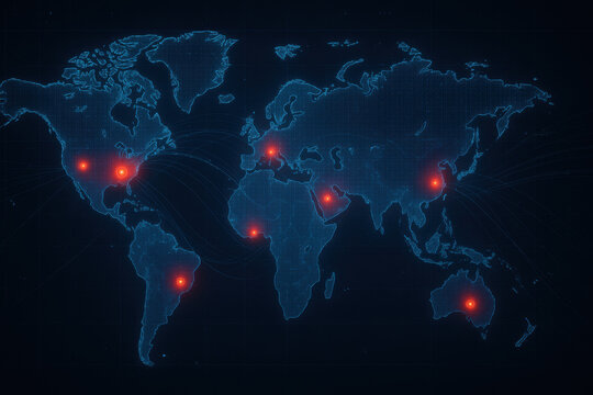 Futuristic world map with glowing red threat points highlights global cyber attack locations digital blue grid style, showing network connections