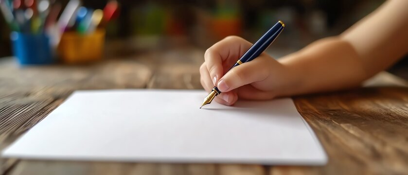 Child's hand writing on a blank paper sheet.