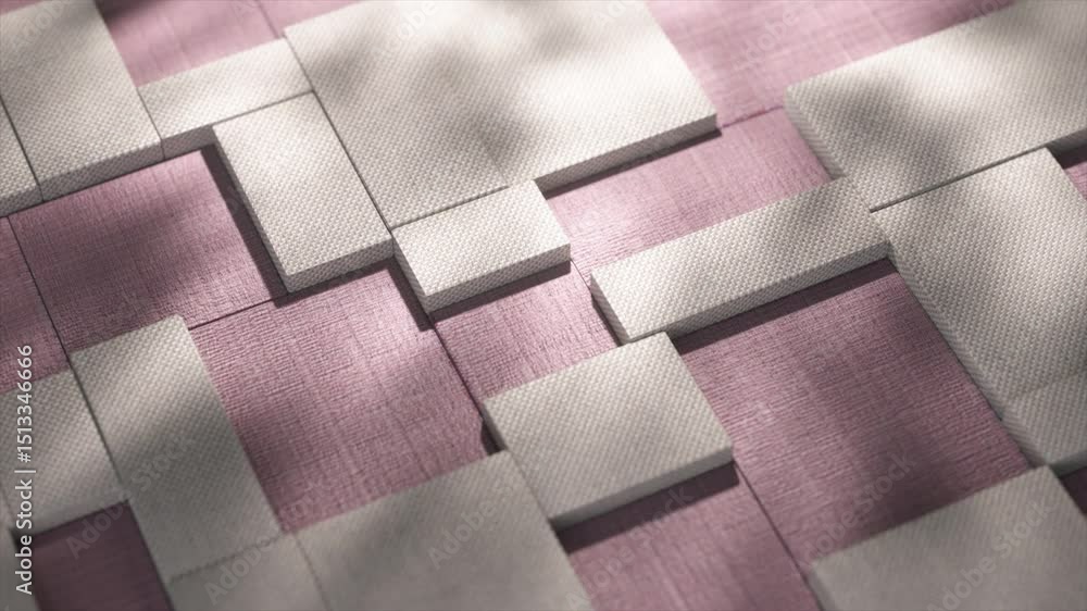 Poster white rectangular blocks are arranged on a purple fabric surface, their shadows shifting and changin