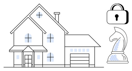 Two-story house with garage, lock symbol for security, chess knight for strategic planning. Ideal for home safety, property management, strategy, planning, investment, real estate flat simple