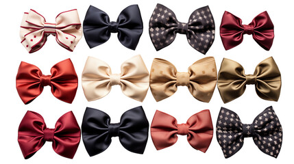 Elegant satin bows set, hair accessories collection, red gold navy ribbons, pretty pastel fashion design, isolated on transparent background.