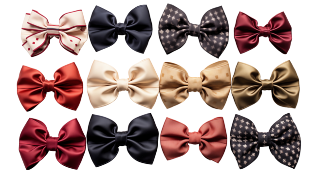 Elegant satin bows set, hair accessories collection, red gold navy ribbons, pretty pastel fashion design, isolated on transparent background.