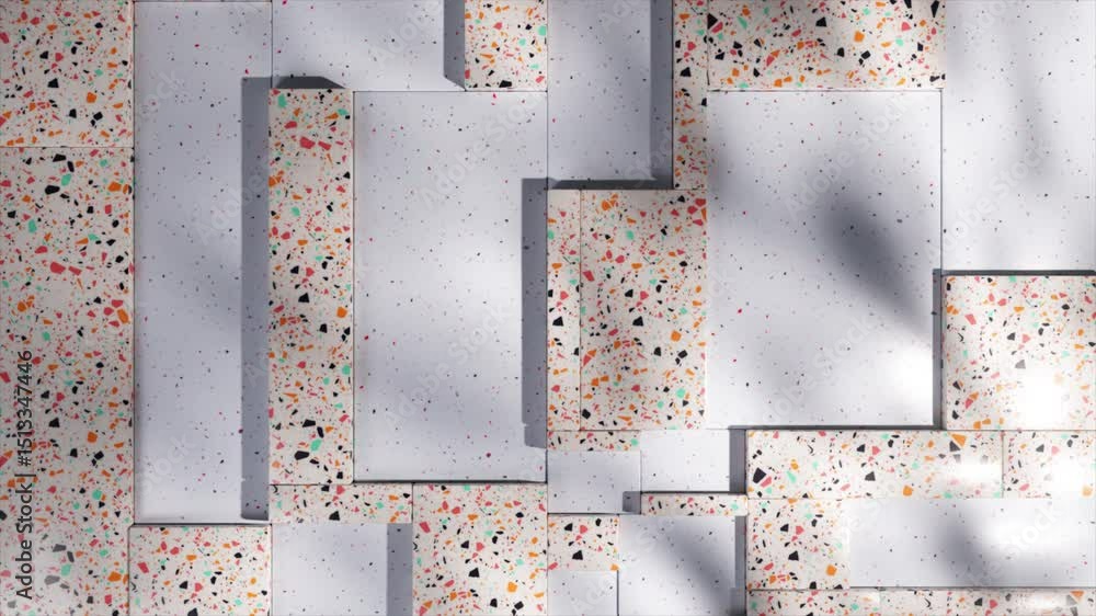 Poster geometric white terrazzo pattern casting dynamic shadows, creating elegant contemporary design with 