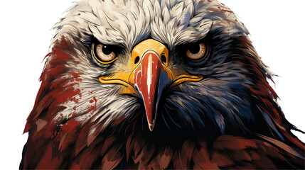 Bald eagle closeup, intense gaze, wildlife art, American freedom symbol, detailed majestic illustration, isolated on transparent background.