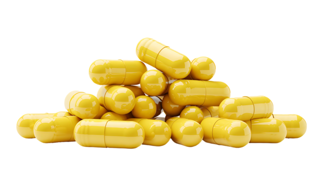 Pile of yellow capsules isolated on transparent background
