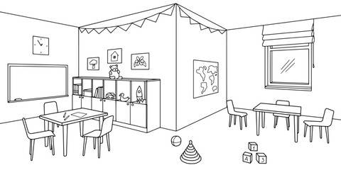 Preschool classroom graphic black white interior sketch illustration vector 