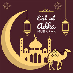 Eid al Adha Mubarak vector featuring mosque silhouette, bright crescent moon, stars, sheep, and a clean white background for a festive feel.