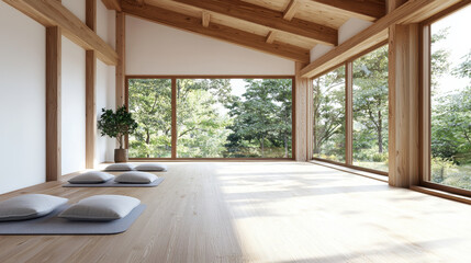 Fototapeta premium Serene and spacious interior featuring wooden beams, large windows, and soft cushions on wooden floor, creating peaceful atmosphere