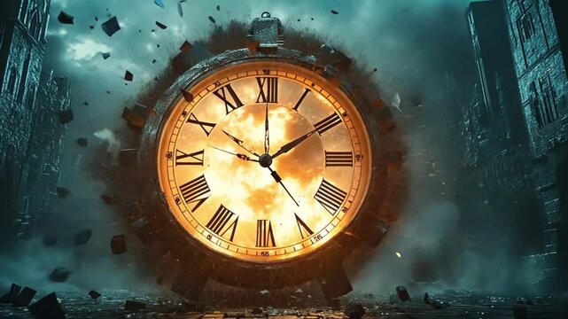 A mesmerizing spectacle of an antique clock amidst ruins, time transcends its conventional form, disintegrating and revealing fiery energy and fractured landscapes, showcasing moments lost