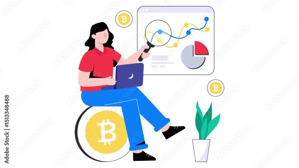 Poster bit coin analysis 2d flat animation.