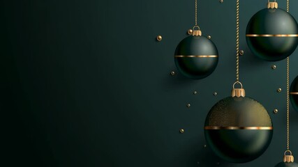 Elegant holiday decorations on a rich green background. Dark green decorative spheres with golden accents hanging on golden chains, set against a sleek green backdrop. - Powered by Adobe