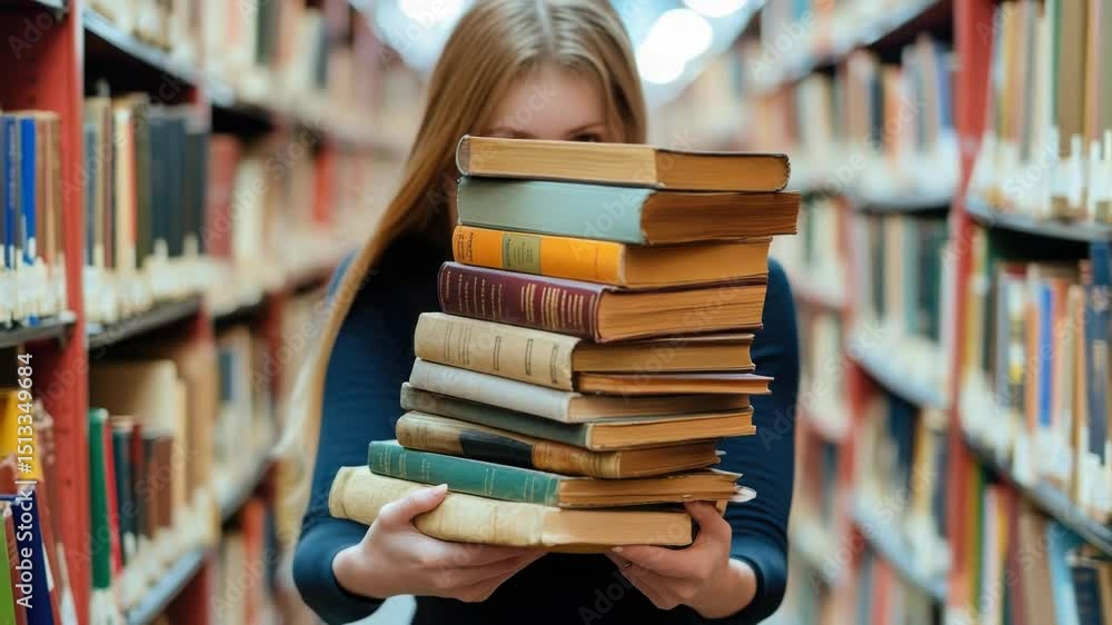 Poster a woman holds a stack of books in a quiet library setting