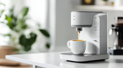 Photo of a coffee machine pouring hot espresso into a white cup on a blurred background.