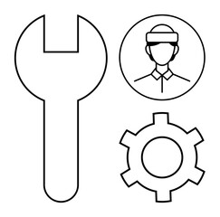 Wrench, gear, and worker profile inside a circle represent tools, teamwork, and repair concepts. Ideal for technical services, industrial design, maintenance, engineering workforce support systems