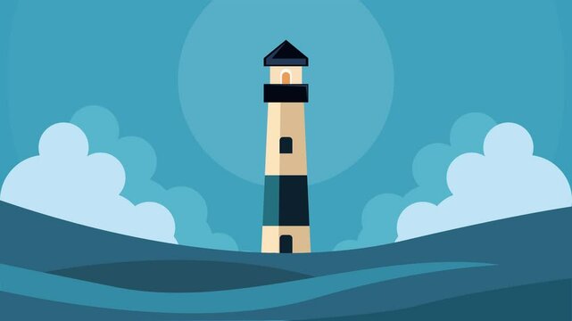lighthouse at ocean cartoon animation backgrounds video . minimalist building at nature landscape with wave cloud and light animated motion graphic illustration design