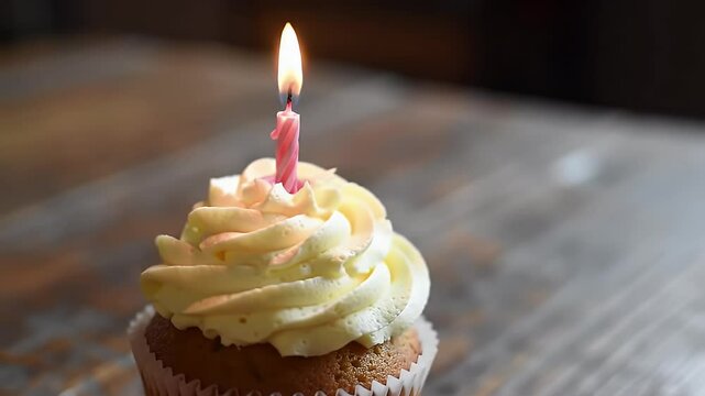 A birthday cupcake with glowing candle on the table, best for birthday wishes background image.