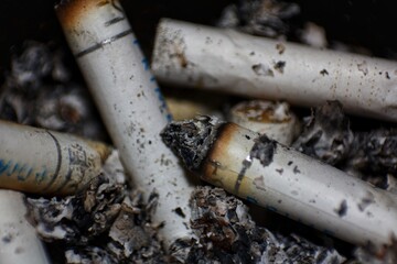 Close-up of discarded cigarette butts and ashes.