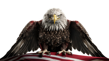 Bald eagle on flag, powerful USA symbol, wildlife patriotism art, freedom pride, majestic national illustration, isolated on transparent background.