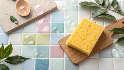 Eco Yellow Cleaning Sponge on Bright Ceramic Tiles