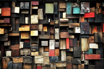 Fototapeta premium Colorful, textured wood blocks create a vibrant wall design. Various shades and hues of aged wood