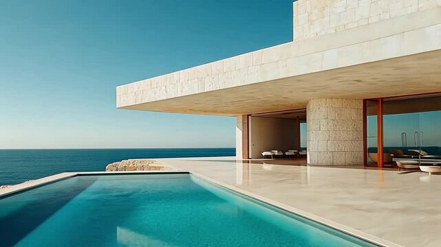 Cinematic view of a luxurious villa with a breathtaking infinity pool overlooking the endless ocean, perfect for showcasing high-end real estate and dream vacations