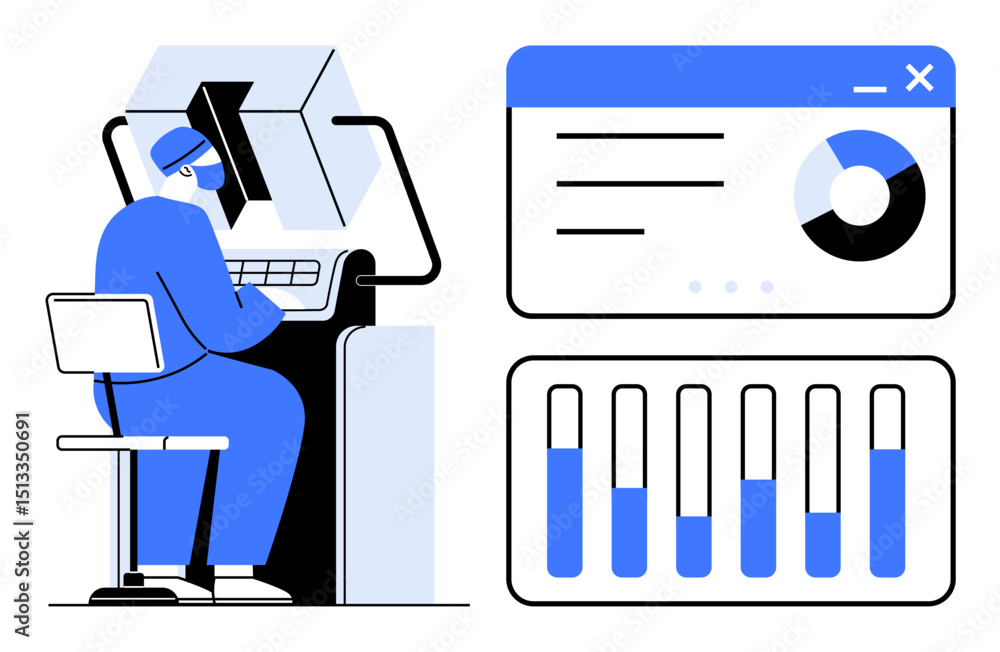 Poster person working at a desk using tech equipment, analyzing a chart interface with a pie chart and bar 
