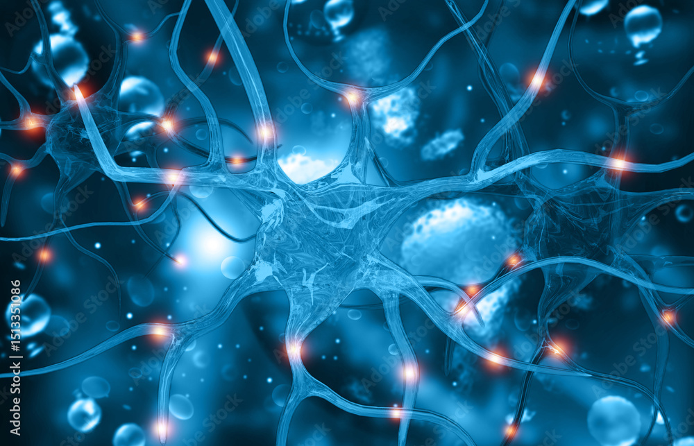 Poster neural network connections. neurons with electrical pulses. 3d illustration..