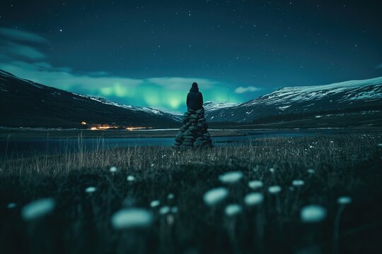 Solitary figure contemplates a starlit night by a mountain lake, illuminated by the aurora