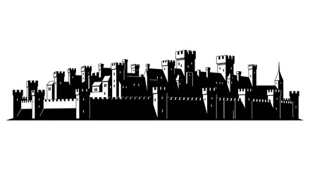 Obraz premium Black and White Silhouette of a Medieval City Skyline Fortress, Castle, Towers, and Fortifications