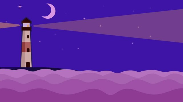 lighthouse at hill of beach cartoon animation backgrounds video . minimalist building at nature landscape with wave cloud and light animated motion graphic illustration design