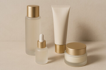 Four bottles of cosmetics are displayed on a table