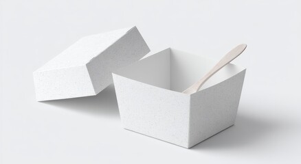 Partially opened square white cardboard food container with a wooden spoon inside, on a white background