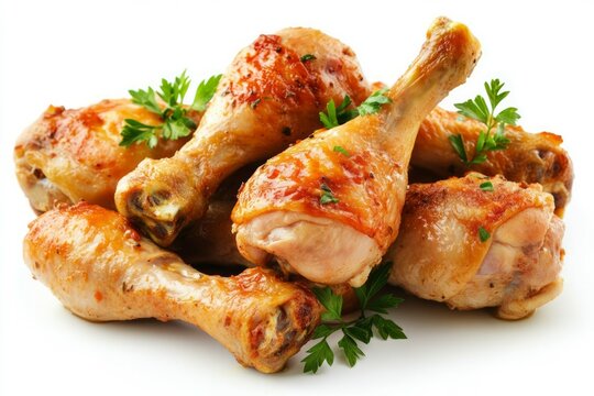 Pile of roasted chicken drumsticks on white background. AI generated