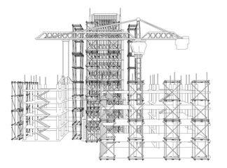 A minimalist vector illustration of stylized city skyline with abstract geometric buildings, clean lines and uniform contours. The design evokes urban structure and modern architecture in a simplified