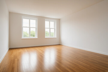 Large room with two windows and a white wall