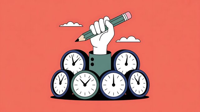 Time Management Illustration: The illustration depicts a hand emerging, grasping a pencil, with multiple clocks surrounding it. It represents time management and task execution in a focused manner.