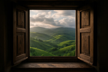 Window with a view of mountains and hills
